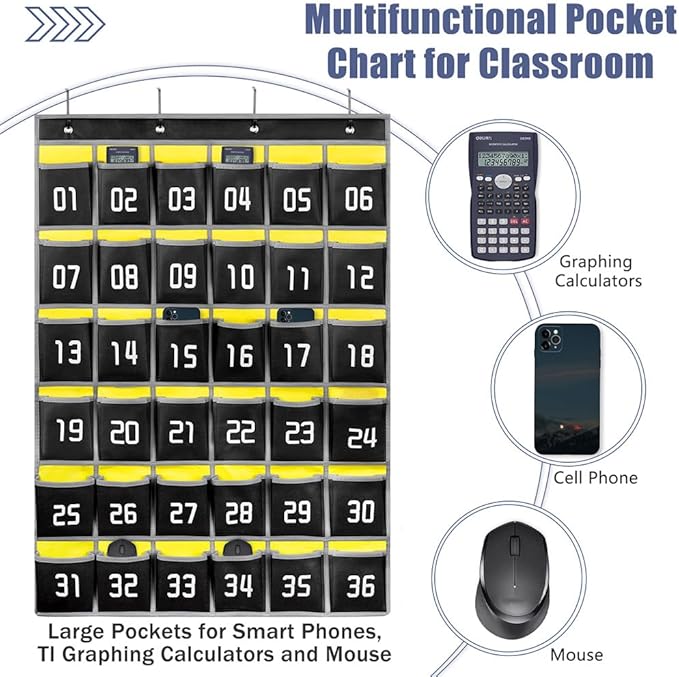 Loghot Numbered Classroom Sundries Closet Pocket Chart for Cell Phones Holder Wall Door Hanging Organizer (36 Pockets Black 2Pc)