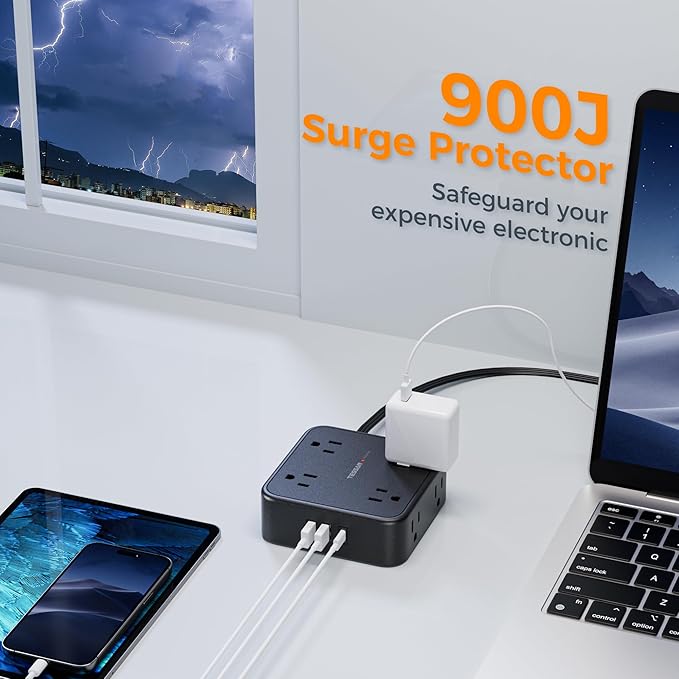 Power Strip Surge Protector 10 Ft Cord, 8 AC Outlets, 3 USB Charger (1 USB C Port), Thin Flat Extension Cord 10 Feet, Flat Plug, 900 Joules Protection, for Home, Office, Dorm Room Essentials, Black