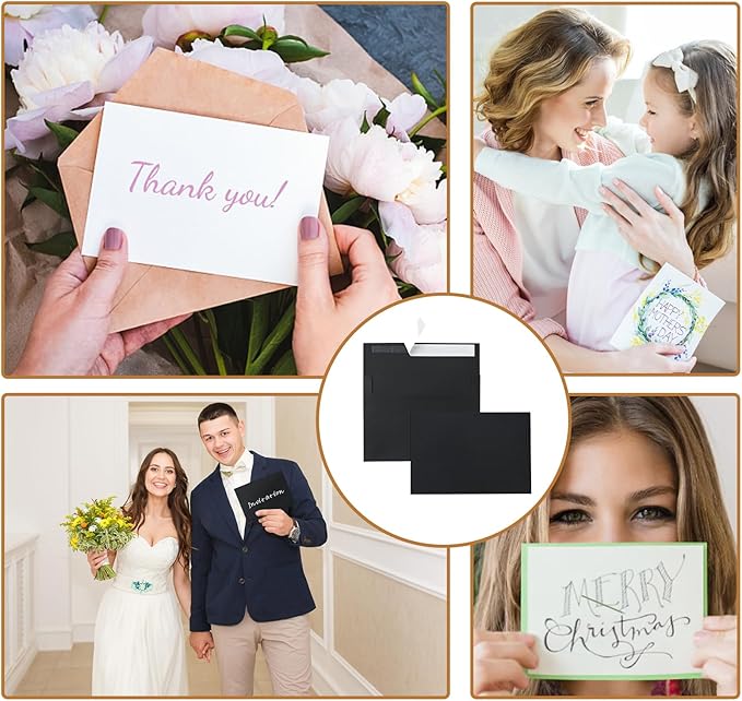 100 Packs Black Note Cards and Envelopes 4.25 x 5.5 Heavyweight Flat Cardstock and A2 Envelopes Printable Self Seal for DIY Greeting Cards, Wedding Invitations, Graduations