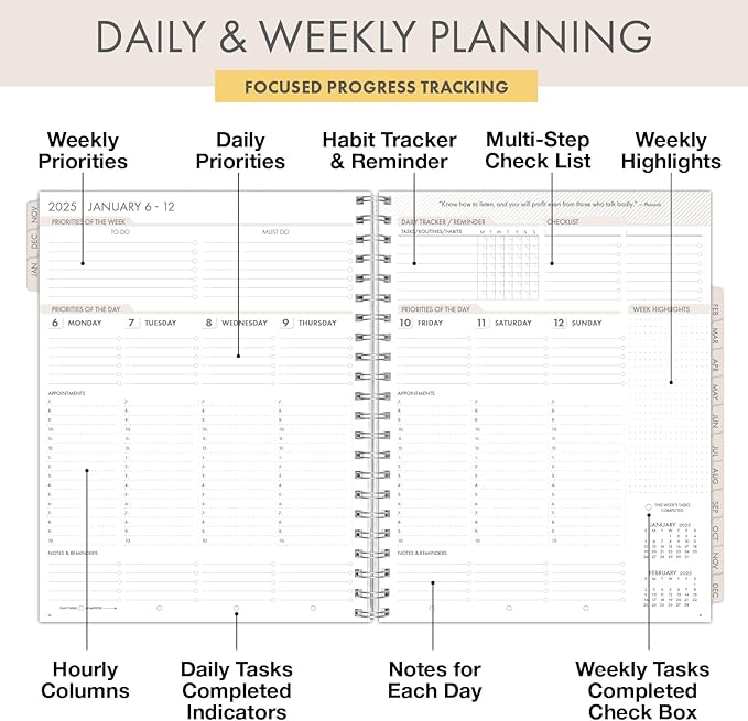 Essential PRO 2025 Daily, Weekly & Monthly Planner, 8.5"x11": 14 Months (Nov 2024 - Dec 2025) Monthly Tabs,Daily Tracking,Notes Pages,Storage Pocket,Bookmark w Sticky Notes (Colorful Botanicals)