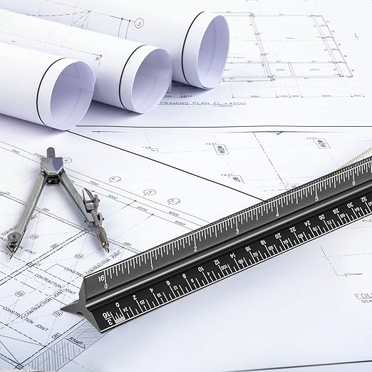 Architectural Scale Ruler for Blueprint, 12'' Metric Metal Engineers Triangle Drafting Ruler with Imperial Measurements for Architects Engineering, Artists, Draftsman Drawing, Laser-Etched Markings
