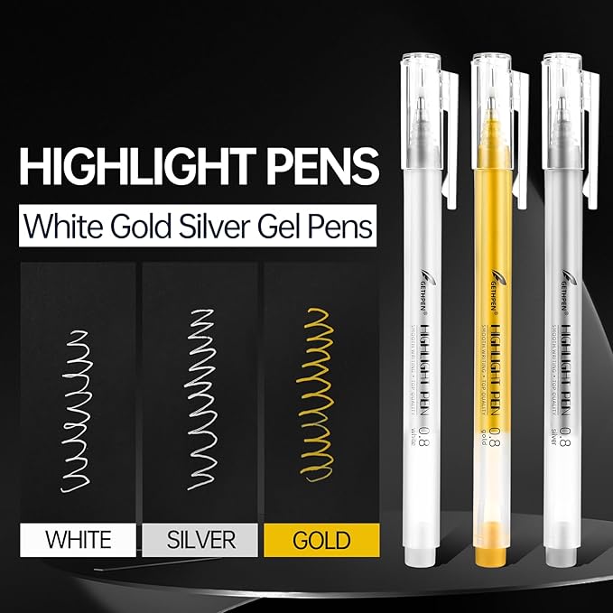 0.8mm Extra Fine Point 6 Pack Gel Pen Set White,Gold and Silver Gel Ink Pens for Artists,White Gel Pen,White Ink Pen,White Pens for Black Paper,White Pen for Artists Drawing