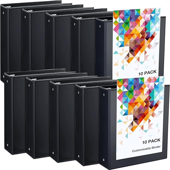 10 Packs 3 Inch Binders 3 Ring Heavy Duty Black Round Rings Bulk 11.6" x 10.4" Presentation Folder View Binder with Pockets Binder for School Office Home Gifts Favors Supplies