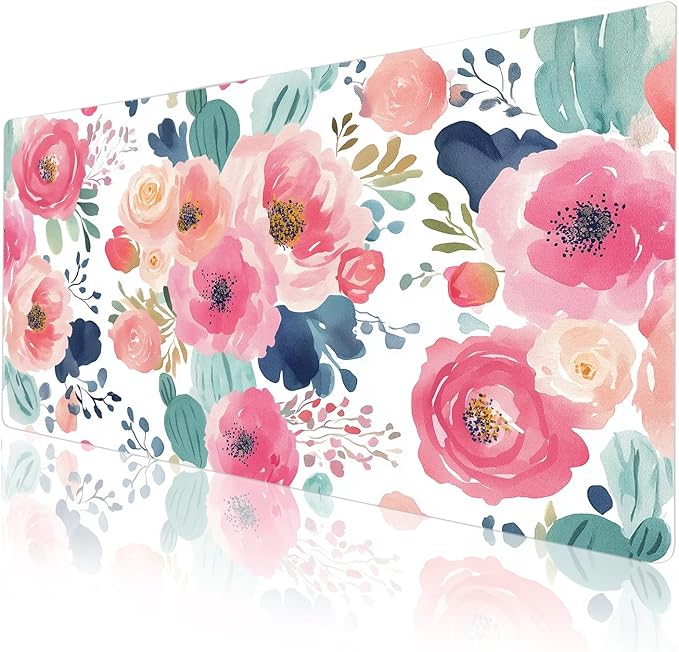Colorful Star Large Mouse Pad, Pink Floral Desk Mat for Desktop, Women Girls PU Leather Waterproof Gaming Mousepad, Computer PC Laptop Protector Writing Pads for School Office Home 31.5" x 15.7"