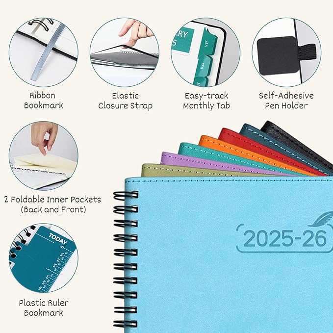 BEZEND Monthly Planner 2025-2026, Large size, 2 Year Monthly Calendar 8.5" x 11" - 120 GSM Thick Paper - Spiral Planner with Pockets, Tabs, Calendar with Note Sections, Pen Loop, Softcover - Black