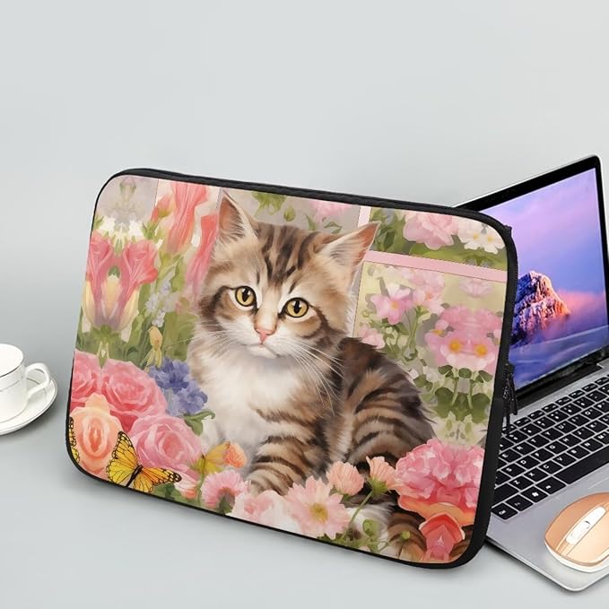 Cat Rose Printed Laptop Bag for Women Men, Lightweight Laptop Briefcase 10 Inch Shockproof Computer Carrying Cover with Zipper, Easy to Carry Laptop Case Bag for Daily Commuting