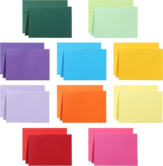 10 Assorted Colors Blank Cards and Envelopes 4.25 x 5.5 Heavyweight Folded Cardstock and A2 Envelopes Self Seal 100 Packs for Invitations, Wedding, DIY Greeting Cards, Thank You Cards