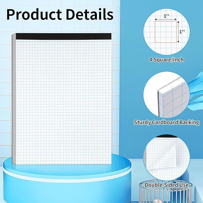 Grid Paper Notebook 8.5 X 11, 4x4 Graph Paper, Sturdy Cardboard Backing, Graph Paper Pad for School, Office, Home, 70 Gsm Grid Paper, 3 Packs, 30 Sheets/Pad