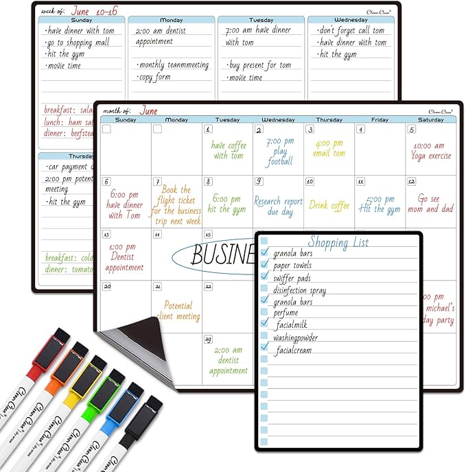 CLEVER CLEAN Magnetic Dry Erase Monthly Calendar - 14.25"x11.25" Monthly and Weekly Calendar Bundle for Fridge - 6 Extra Fine Point Markers Included - Shipped Flat