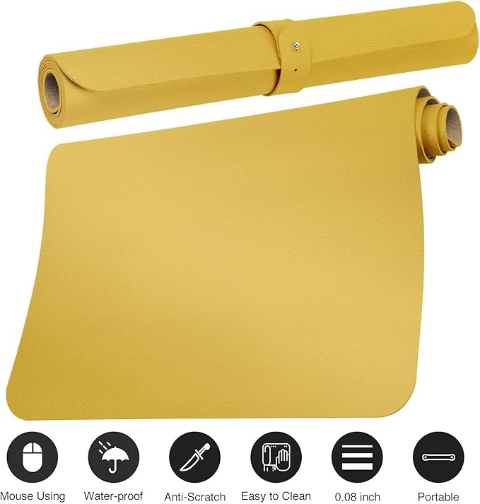 Boutilon Leather Desk Pad 24" x 14", Office Desk Mat, Waterproof PU Leather, Non-Slip, Yellow