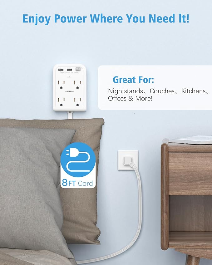 Flat Plug Outlet Extender with 3 USB Wall Plug(1 Type C), 4 AC Socket Wall Adapter, Electrical Outlet Extender, Power Strip Surge Protection with 8 ft Thin Extension Cord. White
