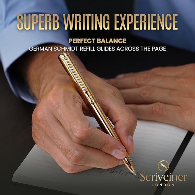 Scriveiner Personalized Gold Ballpoint Pen - Stunning Luxury Pen with 24K Gold Finish, Schmidt Ink Refill, Best Engraved Ball Point Gift Set for Men & Women, Custom Name Engraving