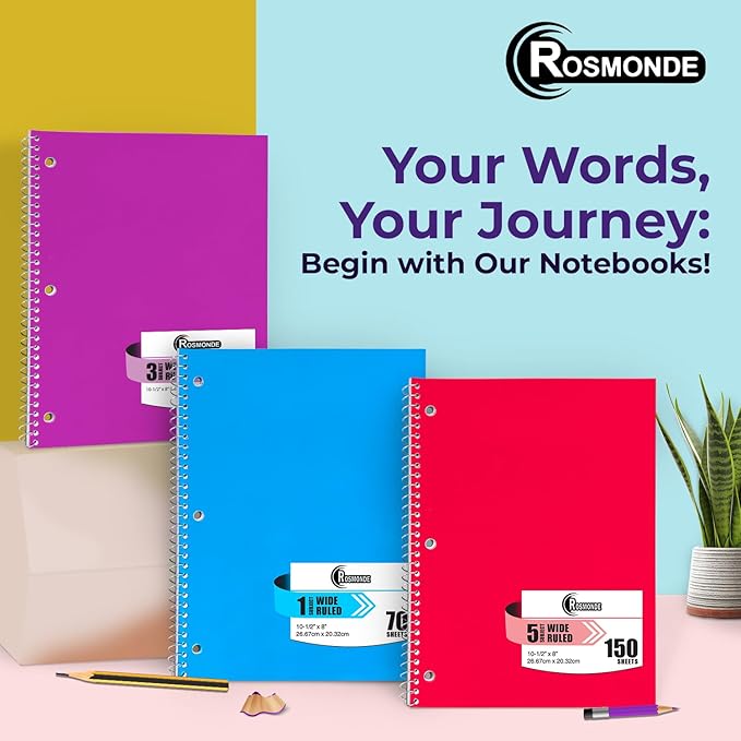1 Subject Notebook Wide Ruled, 6 Pack, 70 Sheets (140 Pages), 8 x 10-1/2, 3 Hole Punched Notebooks, Thick No-Bleed Paper, Sturdy Back, Wide Ruled Notebook for School & Office, Assorted Colors