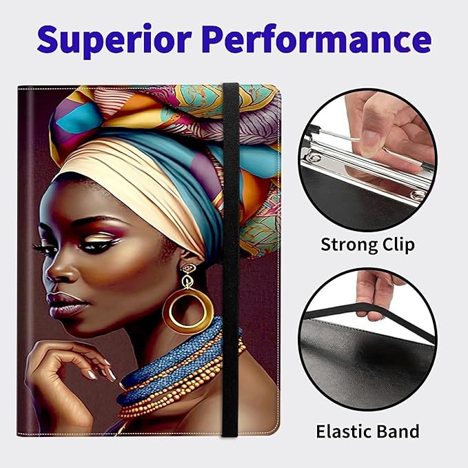 African Women PU Leather Padfolio Clipboard Notepad with Pen Loop and Elastic Strap Interview/Resume Document Organizer for Business School Office