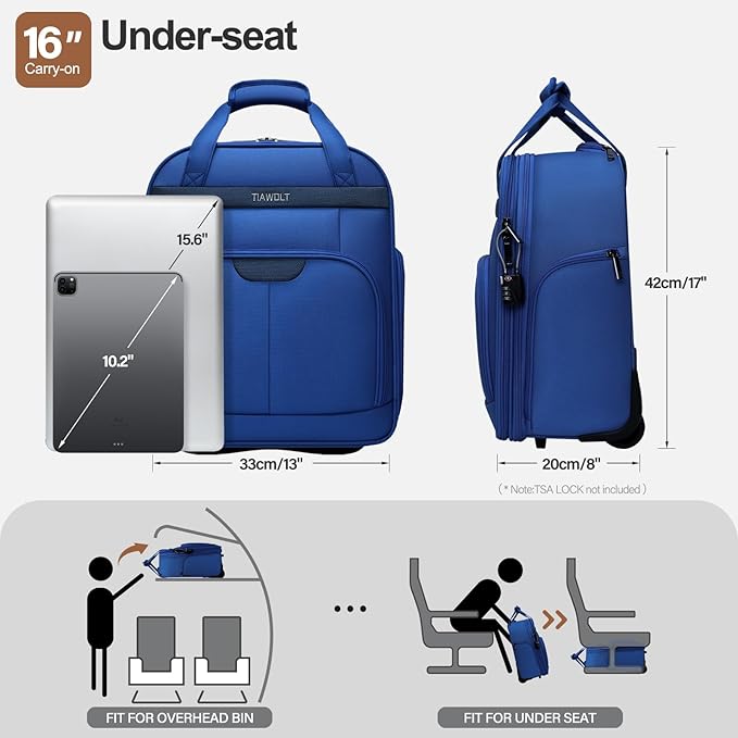 Weekender Overnight 16-Inch Underseat Carry-on Luggage With Wheels Soft Sided Lightweight Small mini Suitcase Bag for Women and Men,Blue