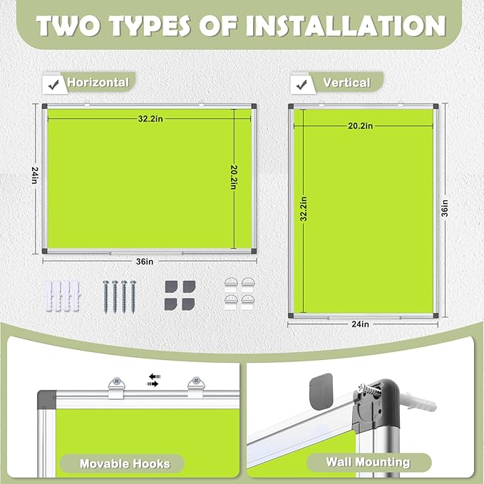 WALGLASS Magnetic Whiteboard 36"x24" Dry Erase White Board for Walls with Pen Tray, Aluminium Frame and Dry-Wipe Writing Surface for Kids' Drawing, Home, and Office (Green)