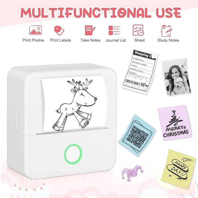 Mini Thermal Printer, Portable Mini Printer with 10 Rolls Paper, Sticker Printer Machine, Study Printer for Notes, Photos, Journals, DIY, Mini Pocket Printer Compatible with Android & iOS