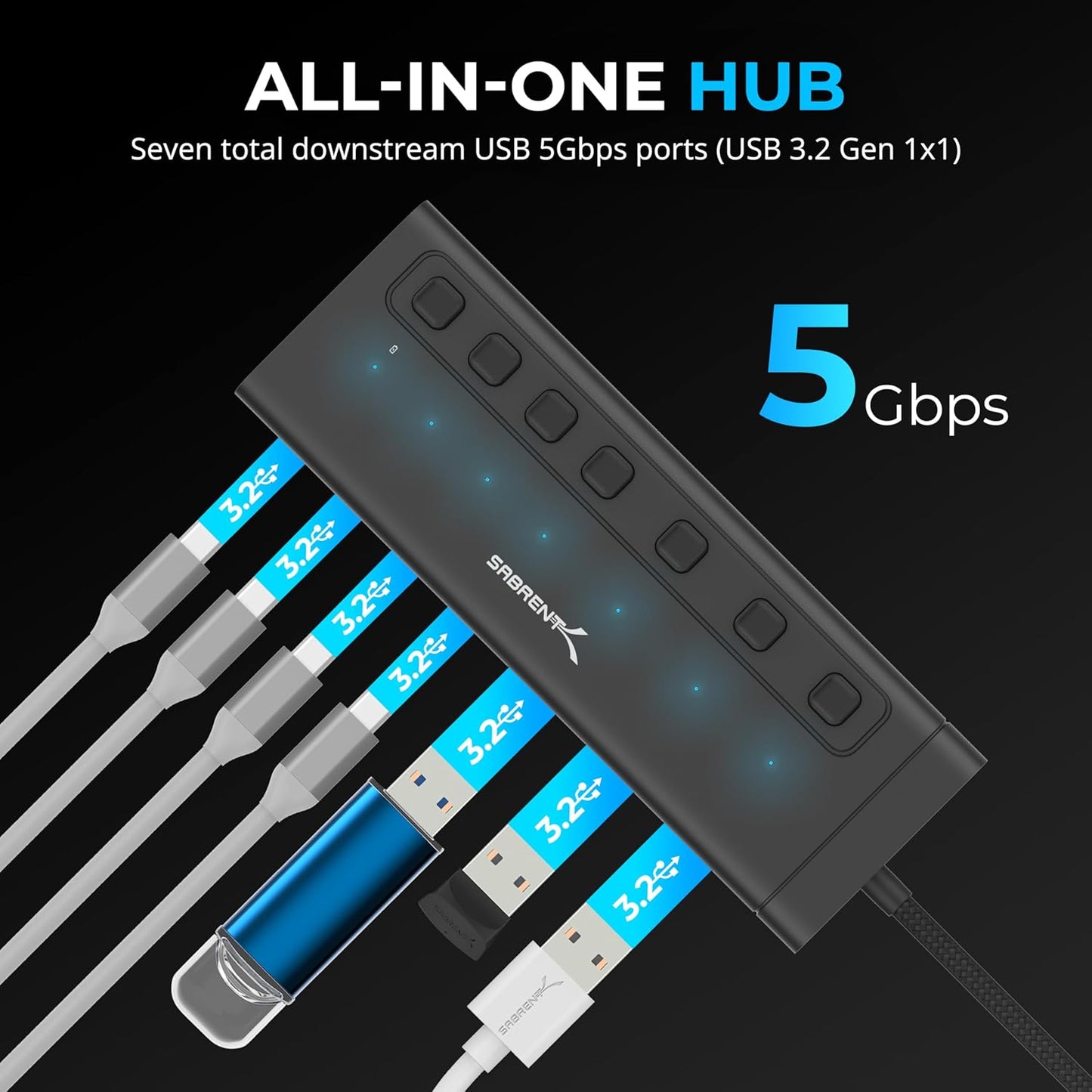 SABRENT 7-Port USB-C Hub with Power Switches, 5Gbps USB 3.2, 48W Powered Hub with 3 USB-A + 4 USB-C Ports, 20W PD, LED Status, Aluminum Body – for Mac, PC, Steam Deck, ROG Ally (HB-3A4C)