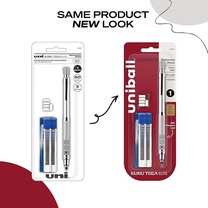 Uniball Kuru Toga Elite Mechanical Pencil Starter Kit with Silver Barrel and 0.5mm Tip; 60 Lead Refills; and 5 Pencil Eraser Refills; HB #2; Office Supplies; School Supplies; Drafting