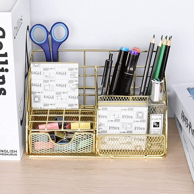 JUOPIEA Desk Organizers and Accessories Office Supplies Organizer with Pen Holder, 72 Clips Set and Phone Stand, Metal Mesh Desktop Organizers with Drawer for Home, Office, School Ect (Gold)