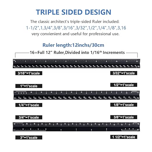 Architectural Scale Ruler with Straight Ruler, 12 Inches Imperial Measurements, Blcak Laser-Etched Aluminum Architect Triangular Ruler for Architects, Engineers, Architects, Students and Draftsman