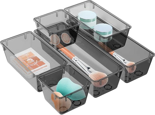 WOWBOX 6 Pack Clear Drawer Organizer Set, Acrylic Drawer Storage Trays, Storage Bins for Makeup, Cosmetics, Jewelries, Utensils, Gadgets, Office, Black