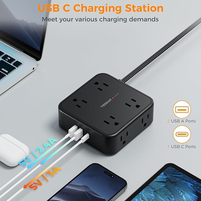Power Strip Surge Protector 10 Ft Cord, 8 AC Outlets, 3 USB Charger (1 USB C Port), Thin Flat Extension Cord 10 Feet, Flat Plug, 900 Joules Protection, for Home, Office, Dorm Room Essentials, Black