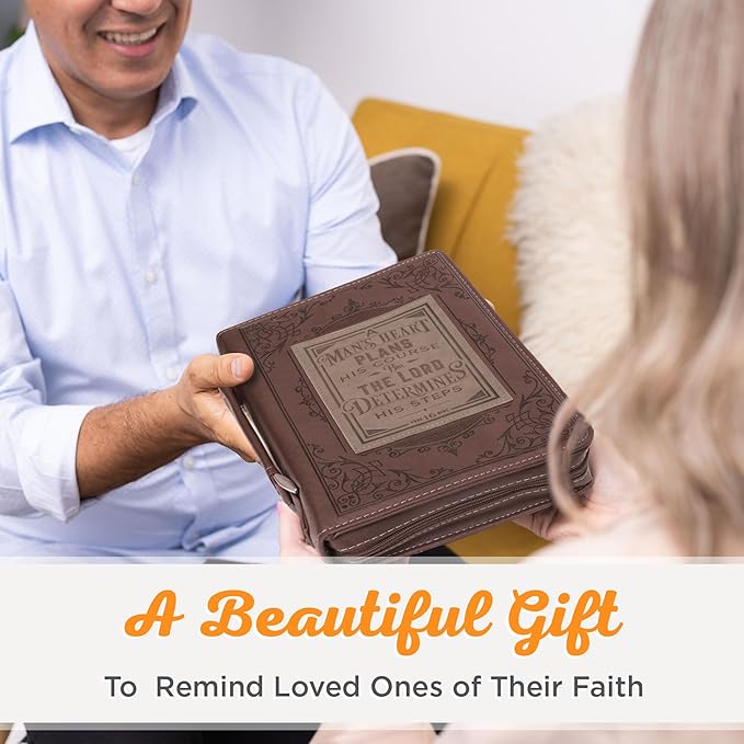 Christian Art Gifts Men's Classic Bible Cover A Man’s Heart Proverbs 16:9, Brown/Tan Faux Leather, Large