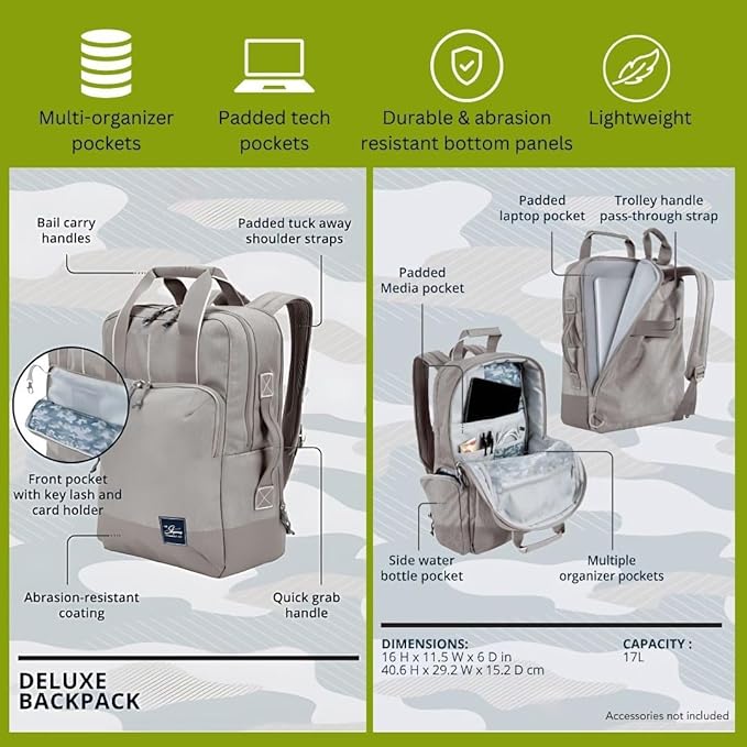 Skyway Luggage Rainier Deluxe Backpack, Eco-Friendly, Made of 100% rPET Travel Laptop Bag for Women & Men, Flight Approved Carry On Bag, 17L, Zion Gray