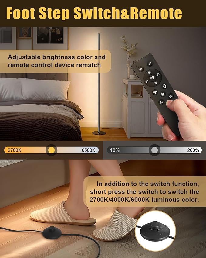 unionlux Corner Floor Lamp, Minimalist LED Corner Floor Lamp All Metal 24W Dimmable 200% Brighter Adjustable2700K-6500K with Remote/Foot Control, Modern Corner Lamp for Living Room Bed Room