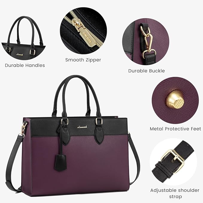 LOVEVOOK Laptop Bag for Women, 15.6 inch Laptop Tote Work Bag Purse, Large Waterproof Leather Computer Briefcase for Office, Purple-Black