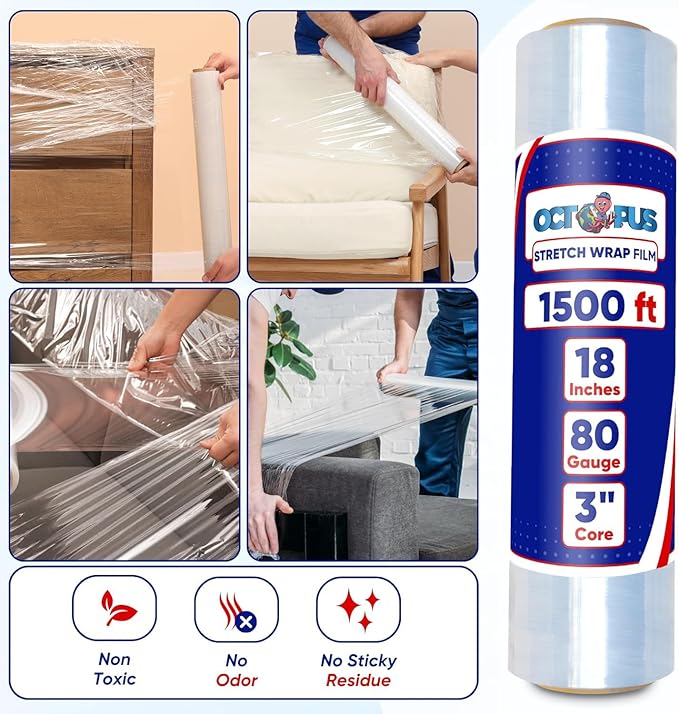 OCTOPUS Stretch Wrap, Industrial Strength 1 Roll Clear, 18” x 1500 feet, 80 Gauge (20 Micron), Heavy Duty Plastic Shrink Film for Packing, Wrapping, Bundling, Shipping, Pallets, and Moving Essentials