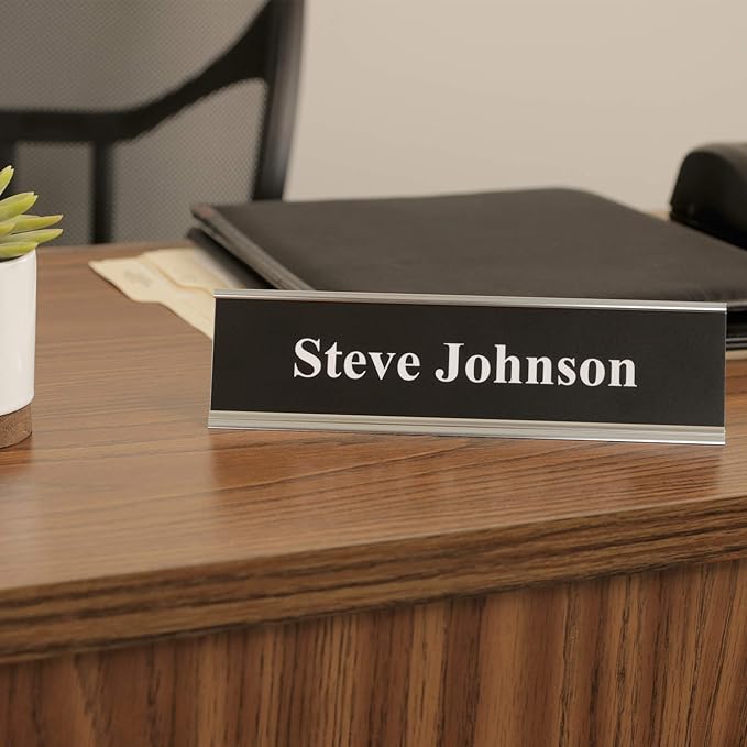 ExcelMark 2" x 8" Aluminum Name Plate Holder for Desk - Office Business Door Sign Holder - Silver