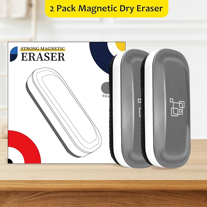 maxtek Magnetic Dry Erase Eraser, Glass Board Erasers, 2 Pack, Whiteboard Eraser for Dry Erase Board, Glass Board, Calendar Board, Office and School Supplies (Gray)