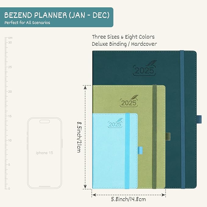 BEZEND 2025 Planner Daily Weekly & Monthly 5.8" x 8.5" (Jan - Dec 2025) Agenda 2025 Vertical Calendar Book with Hourly Schedule, Monthly Tabs, Pen Holder, Vegan Leather Hard Cover - Sky Blue