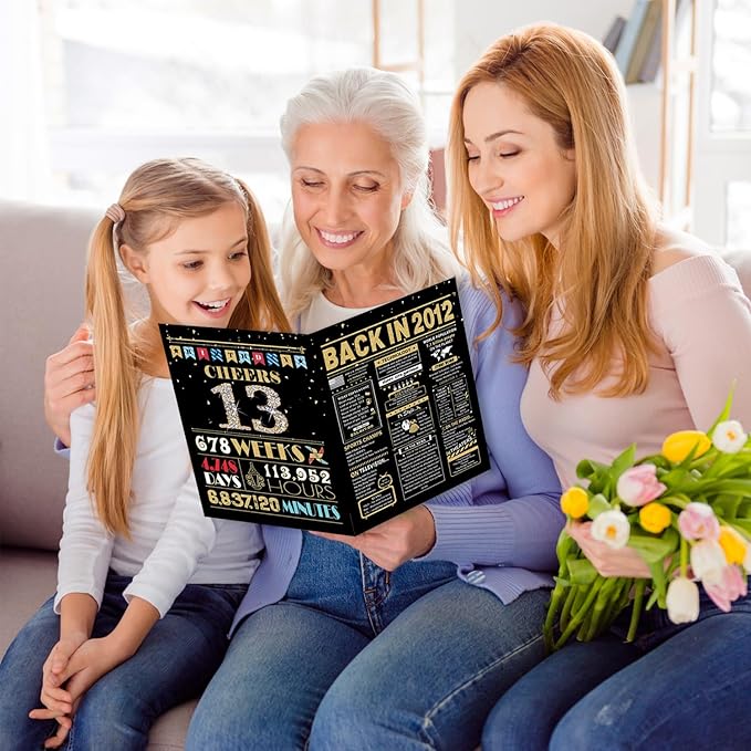 13th Birthday Card, 13th Birthday Decorations for Girls Boys, 13th Birthday Gifts for Daughter Son, Back in 2012 Birthday Card, Black Gold