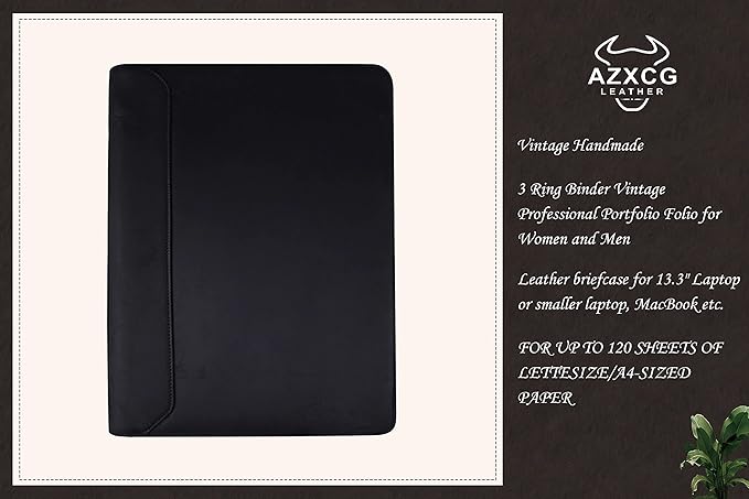 AZXCG Leather Portfolio for Men, 3 Ring Binder Professional Resume Portfolio Folder, Business Organizer Padfolio with YKK Zipper, Document Work Folio for 8.5x11 Writing Pad, Black