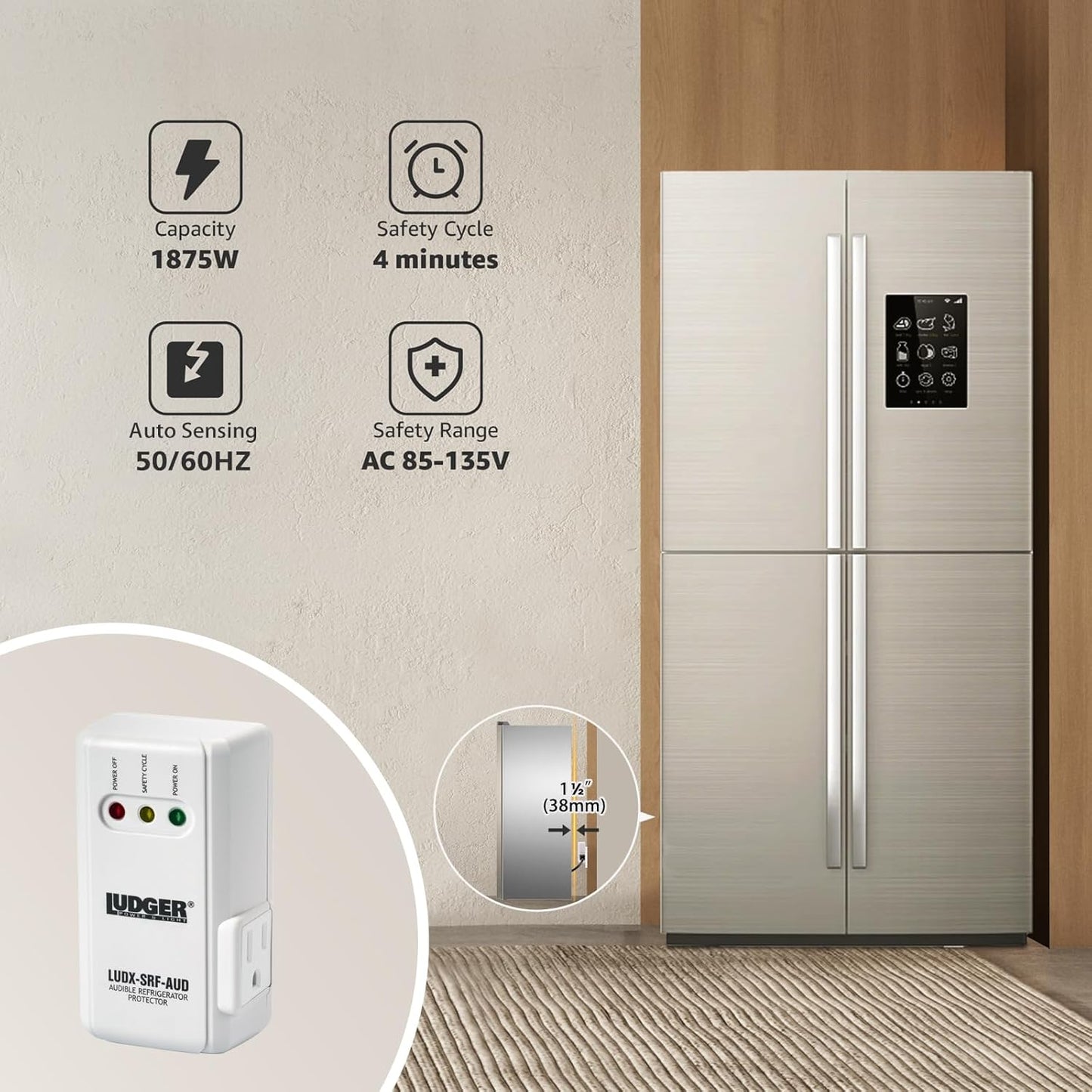 Ludger Power Surge Protector for Appliances (LUDX-SRF-AUD), ETL Certified, Appliance Surge Protector Refrigerator 90 Degrees, Connects to All Types of AC, Unique Side Socket, Audible Alarm
