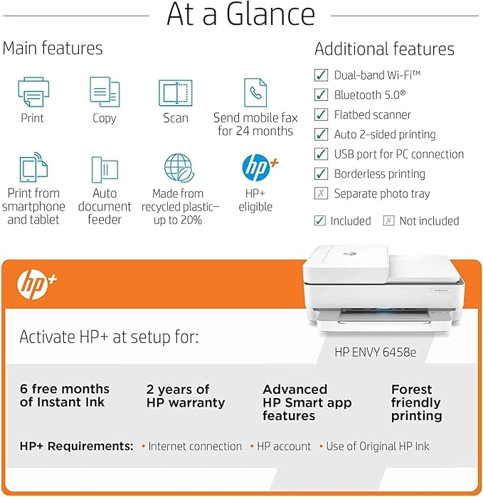 HP Envy 6458e All-in-One Wireless Color Inkjet Printer, Print Copy Scan - 10 ppm, 4800 x 1200 dpi, Auto 2-Sided Printing, 35-Sheet ADF, Dual-Band WiFi, Instant Ink Ready, White (Renewed)
