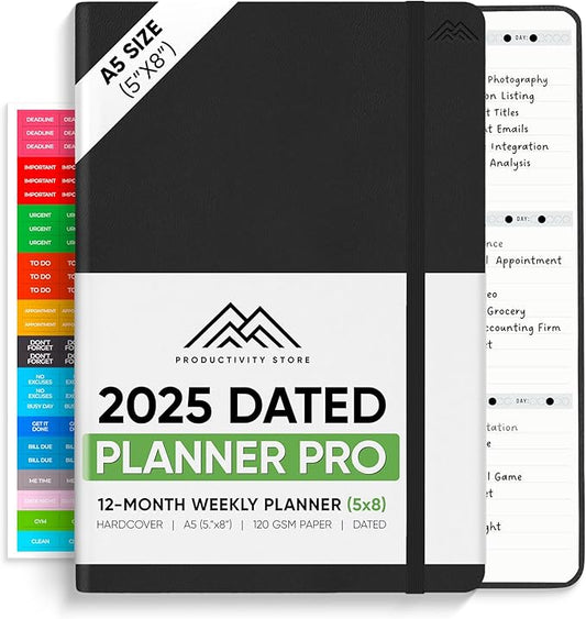PRODUCTIVITY STORE Pro - Dated, 2025 Planner, 5.8” x 8.3” - The #1 Productivity Planner to Achieve Your 2025 Goals - Planner 2025-2026 - Black - A5
