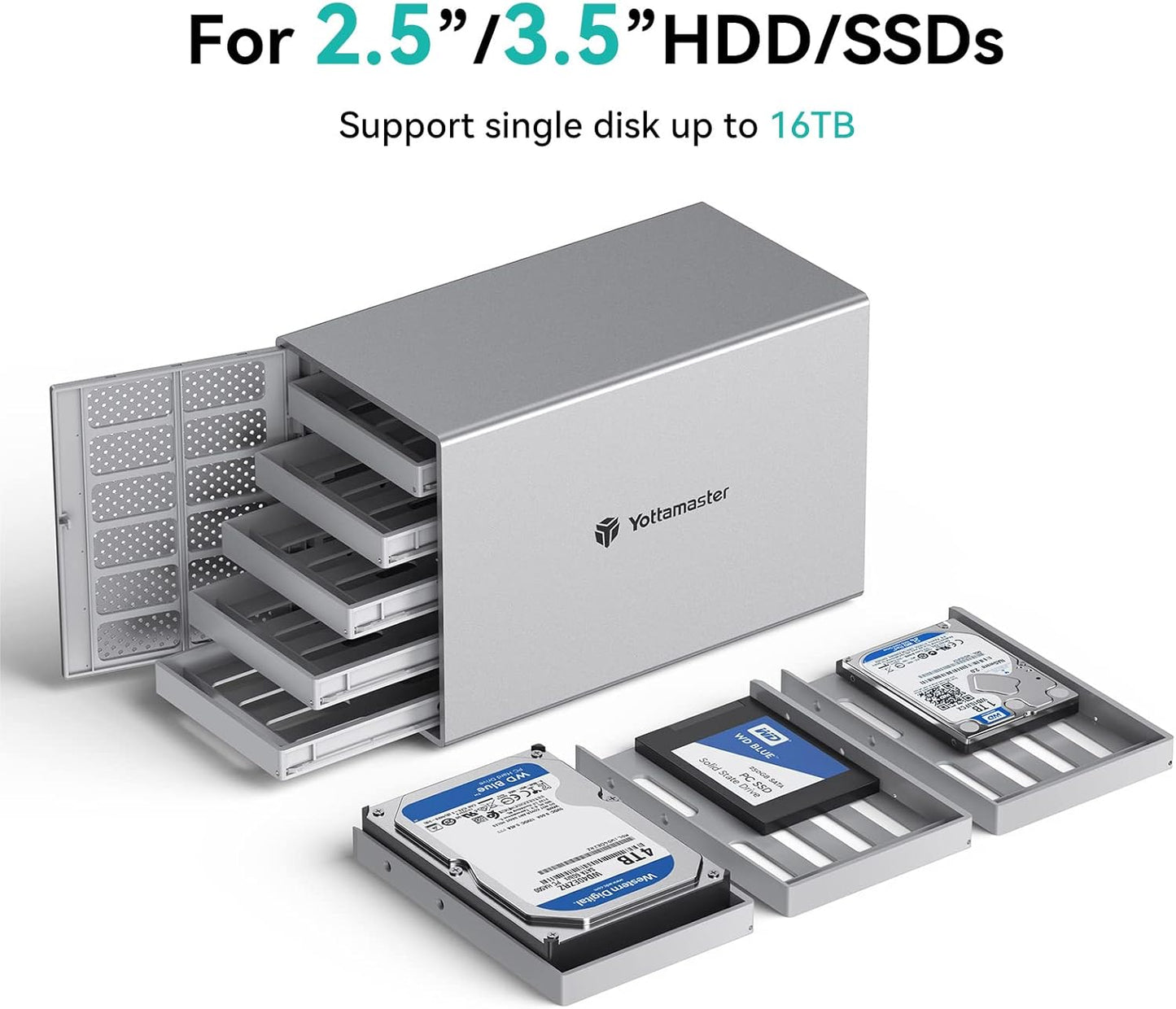 Yottamaster 5 Bay External Hard Drive Enclosure, Aluminum USB3.0 3.5" HDD Enclosure for 3.5 & 2.5 Inch SATA HDD/SSD, Support 90TB(5x18TB) Direct Attached Storage DAS, Non-RAID [PS500U3]