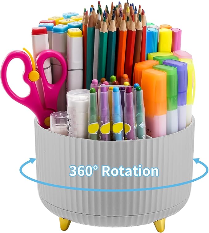 Marbrasse Desk Organizer, 360-Degree Rotating Pen Holder for Desk, Desk Organizers and Accessories with 5 Compartments Pencil Organizer, Art Supply Storage Box Caddy for Office, Home (Grey)