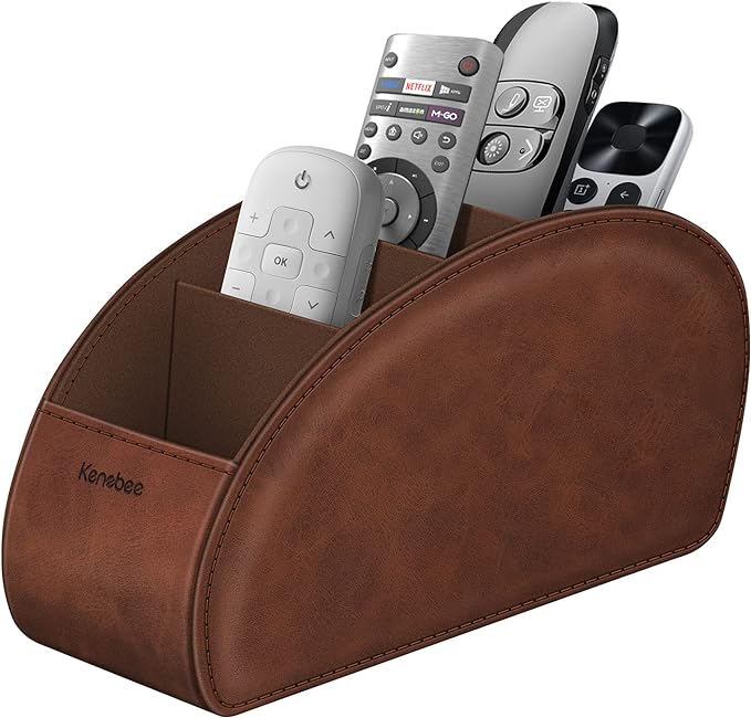 Remote Control Holder with 5 Compartments, KENOBEE Anti-slip Desktop Caddy Storage Organizer for Remote Controllers, Office Supplies, Makeup Brush, Media Accessories, Brown