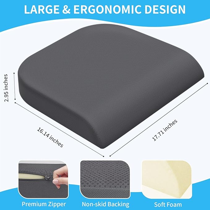Large Seat Cushion，Soft Foam Cushion for Long Sitting Hours on Office Chair, Home & Car, Non-Slip Chair Pad for Relieving Back & Sciatica & Hip & Coccyx Pain (Grey)