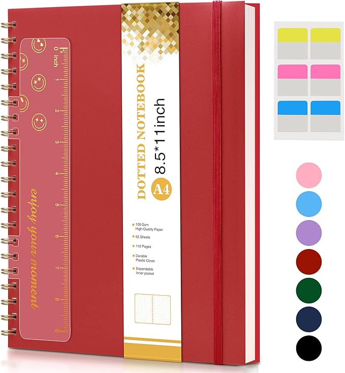 Dotted Notebook, Spiral Notebook Journal 8.5” x 11”, A4 Large Dot Grid Notebooks for Women Men, 100 GSM Dotted Paper, Plastic Hardcover Spiral Bullet Dotted Journals for Work School Sketching, Red