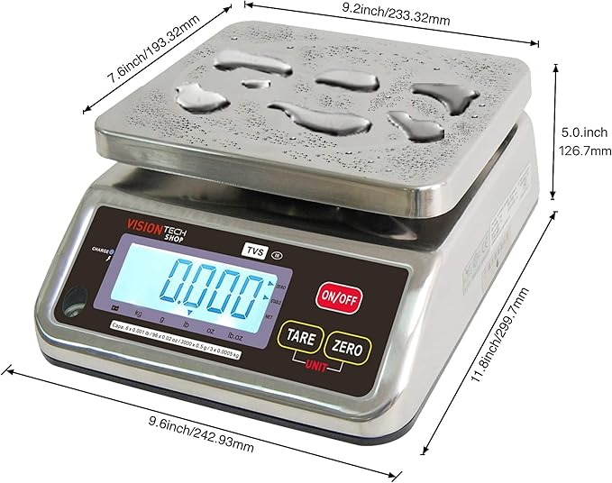 TVS Portion control Stainless steel Washdown Scale, Lb/Oz/Kg/g Switchable, Low Profile Design, 6lb Capacity, 0.001lb Readability, Single Display, NTEP Legal for Trade Coc #19-058
