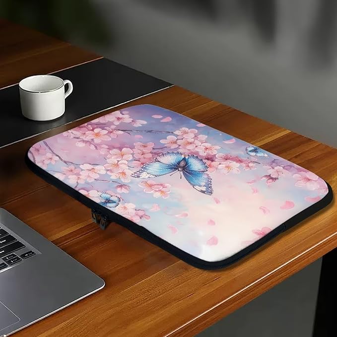 Butterfly Print Laptop Bag for Girls, 12 Inch Peach Blossom Laptop Sleeve Soft Laptop Case Bag for Girls, Waterproof Laptop Briefcase Computer Bag with Zipper