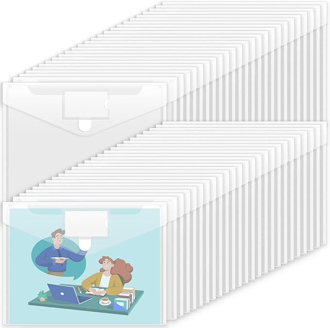 Sooez 50 Pack Plastic Envelopes Poly Envelopes, Clear Document Folders US Letter A4 Size File Envelopes with Label Pocket for School Home Work Office Organization, Clear