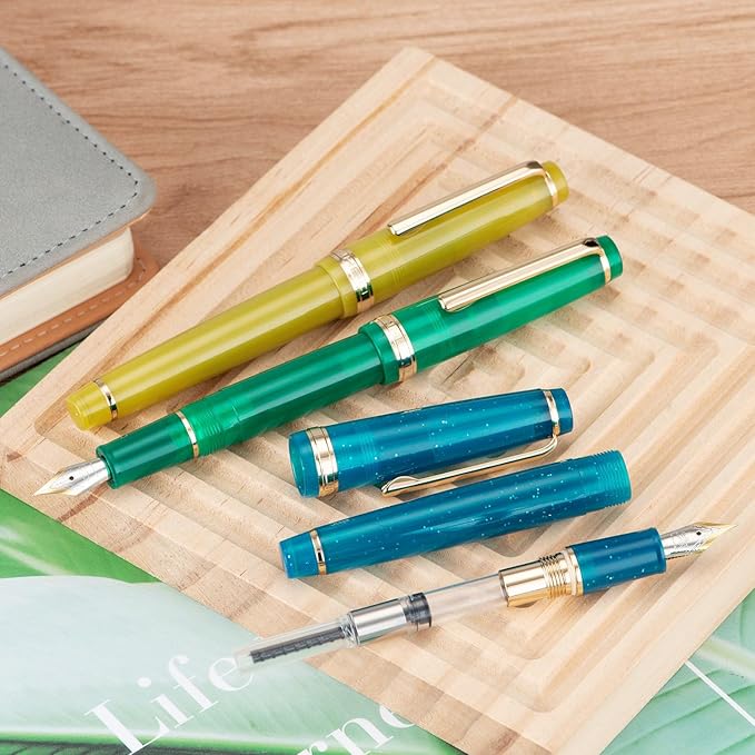Jinhao 82 Acrylic Fountain Pen, Iridium Bent Nib with Ink Converter, Transparent Peacock Blue Fluorescent Classic Design Calligraphy Pen (Gold Trim)