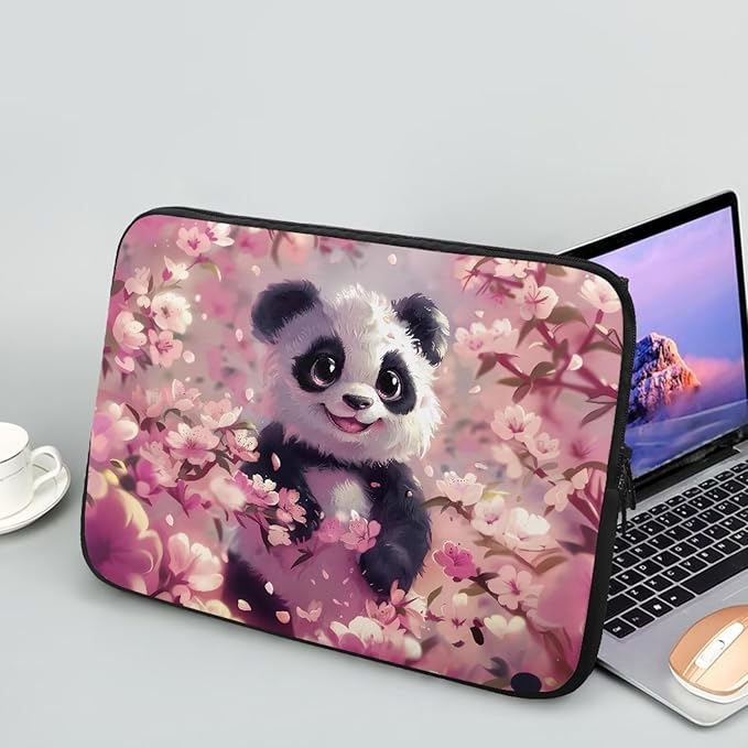 Panda Cherry Blossom Printed Computer Case Bag for Girls Boys, Washable 15 Inch Laptop Bag Carrying Case Laptop Briefcase Neoprene with Zipper, Compatible with Various Computers, Pink
